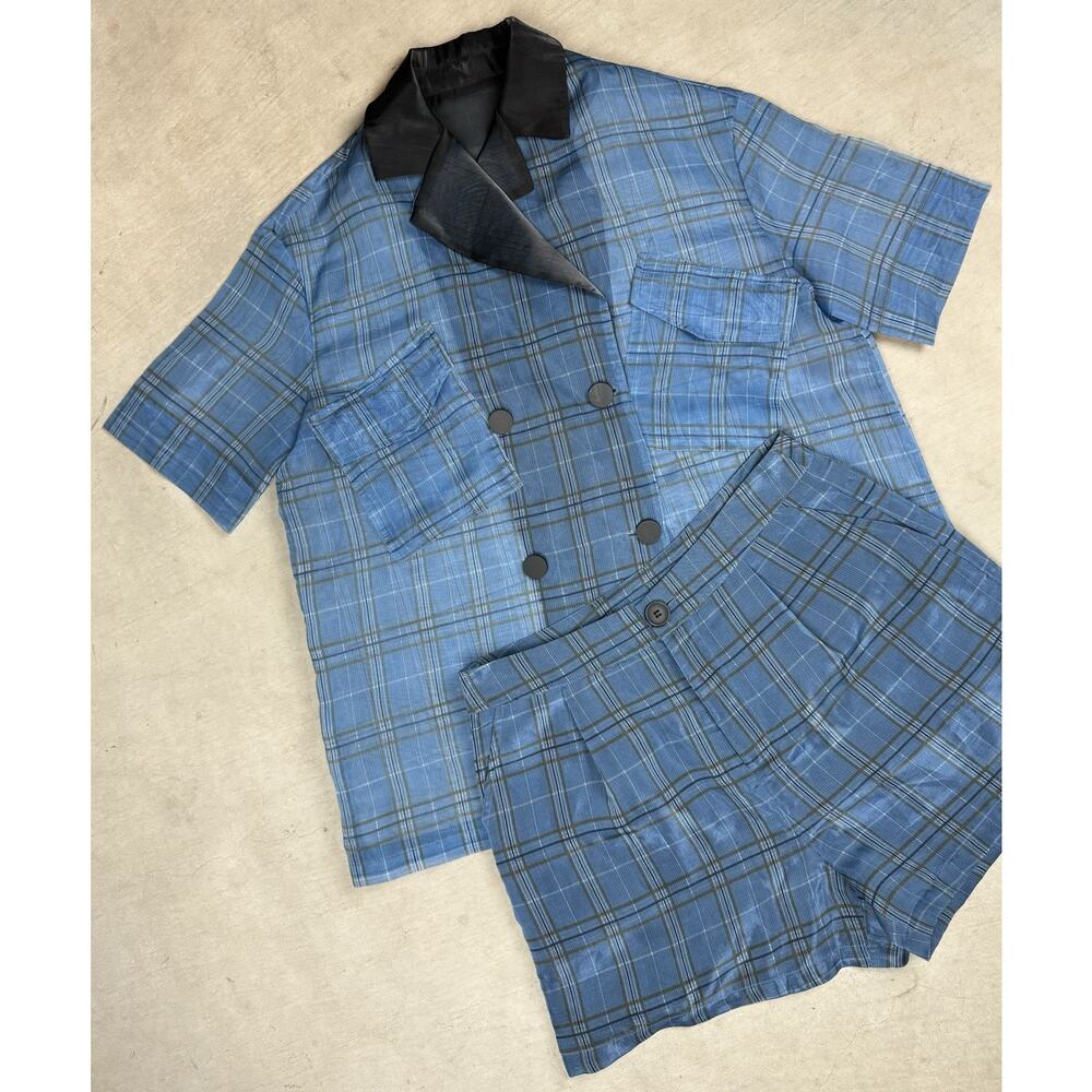 KATE HEWKO Blue Black Sheer Plaid Tuxedo Short Top Set Size M/L
